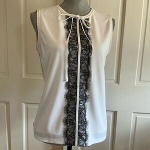 Karl Lagerfeld White Sleeveless Camisole with Black Lace Trim and Tie